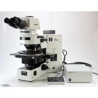 Upright motorized microscope from Olympus, model AX70, equipped with bright and dark field, polarization and DIC, in good used condition